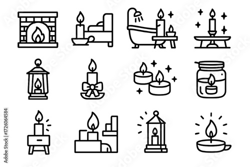 Cozy Candle Icons. Cozy Candle Icons icons in outline style: fireplace candle, bedside candle, bath candle, dinner table candle, hanging lantern,