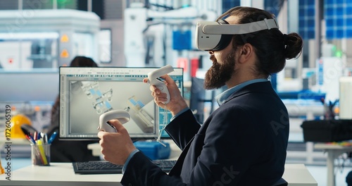 Photovoltaics factory worker using VR headset to monitor performance of robot arms placing solar panels on assembly lines. Expert inspecting solar plant machinery using virtual reality technology
