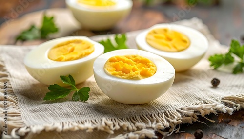 Close-up of Halved Hard-Boiled Eggs on Rustic Linen Placemat