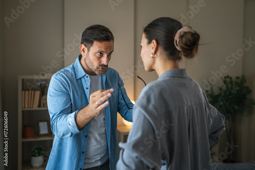 Konstfotografi Couple arguing about relationship conflict having serious discussion