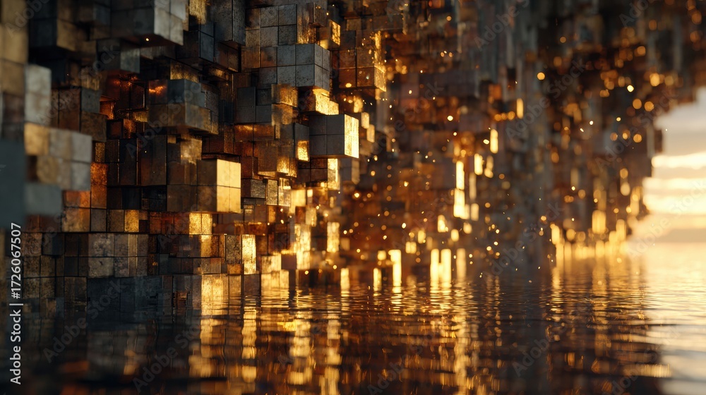 Naklejka premium A close up of glowing glass blocks within a blurred city backdrop represents the blend of modernity, design, and innovation in a futuristic, digital world.