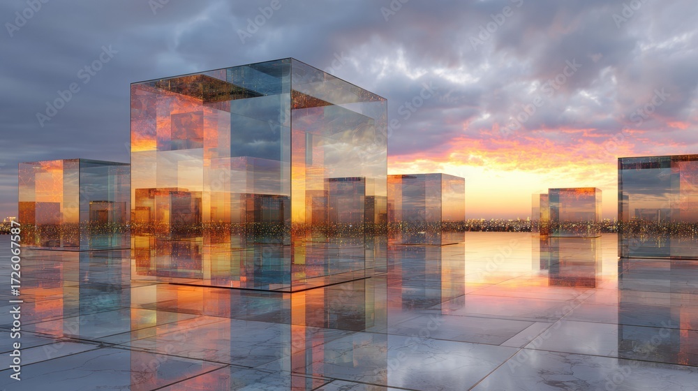 Obraz premium A close up of glowing glass blocks within a blurred city backdrop represents the blend of modernity, design, and innovation in a futuristic, digital world.