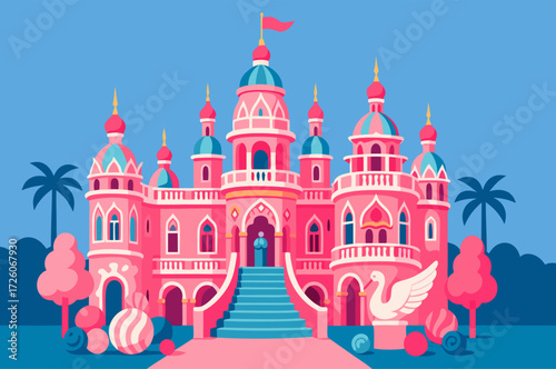 Pink Candy Palace With Towers Flags Grand Stairs And Lollipop Trees Beside A Blue River In A Cheerful Fantasy Kingdom