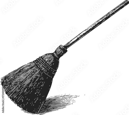 Broom sketch hand drawn style with textured bristles and wooden handle — stock vector