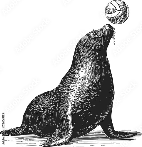 Seal hand drawn sketch balancing ball on nose circus animal act — stock vector