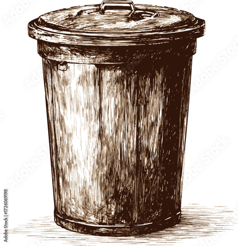 Trash can sketch hand drawn metal garbage bin with lid — stock vector