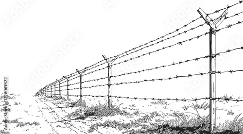 Barbed wire fence sketch, hand drawn rural boundary with grass and posts — stock vector