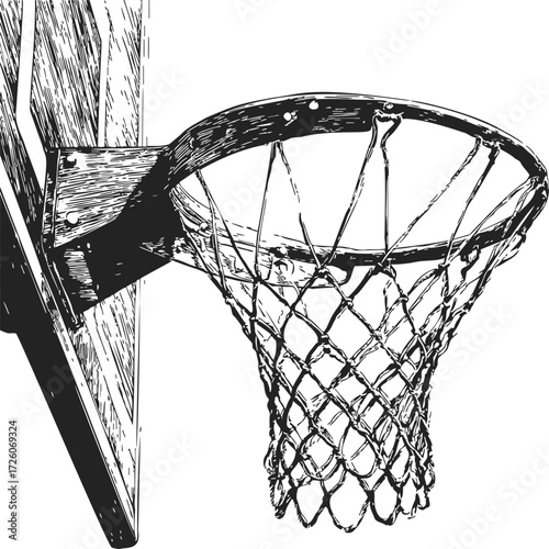 Basketball hoop sketch hand drawn style with detailed net and backboard — stock vector