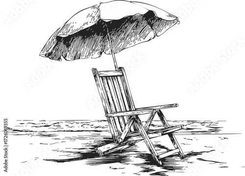 Beach chair sketch hand drawn with umbrella on sandy shore — stock vector