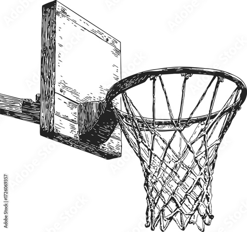 Basketball hoop sketch hand drawn with wooden backboard and net — stock vector