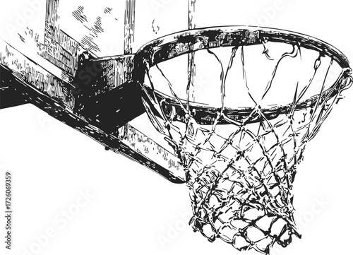 Basketball hoop sketch hand drawn style with detailed net and backboard — stock vector