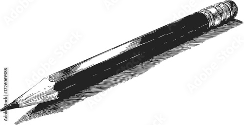Pencil sketch hand drawn realistic wooden pencil with eraser and shadow — stock vector