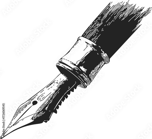 Fountain pen nib sketch, hand drawn detailed illustration of writing instrument — stock vector