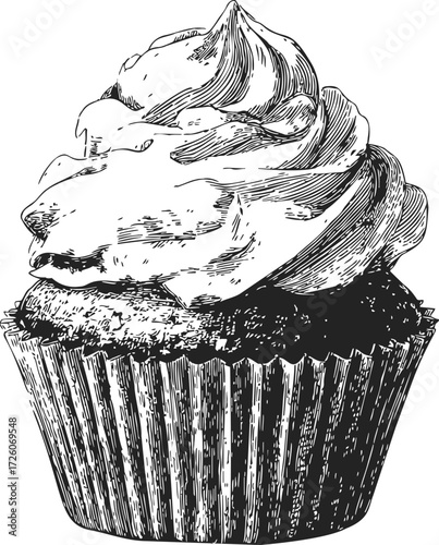 Cupcake sketch hand drawn style with detailed frosting and wrapper — stock vector