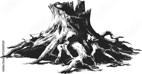Tree stump sketch hand drawn with exposed roots and rough bark — stock vector