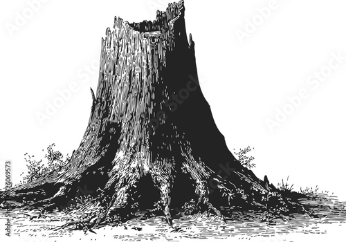 Tree stump sketch, hand drawn style with detailed roots and rough bark — stock vector