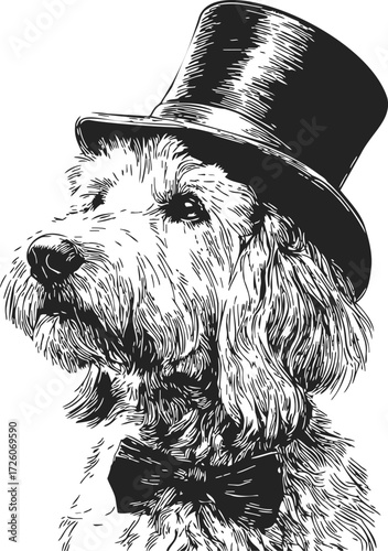 Dog sketch hand drawn wearing top hat and bow tie formal portrait — stock vector