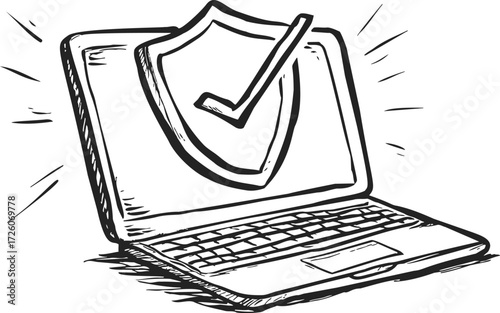 Laptop sketch with security shield and check mark, hand drawn style — stock vector