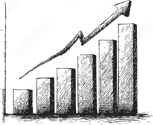 Bar chart sketch with rising arrow, hand drawn vector business growth concept — stock vector
