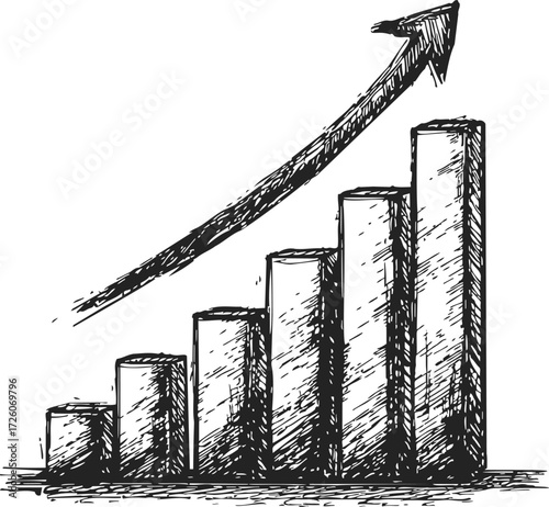 Bar chart sketch hand drawn with upward arrow showing growth trend — stock vector