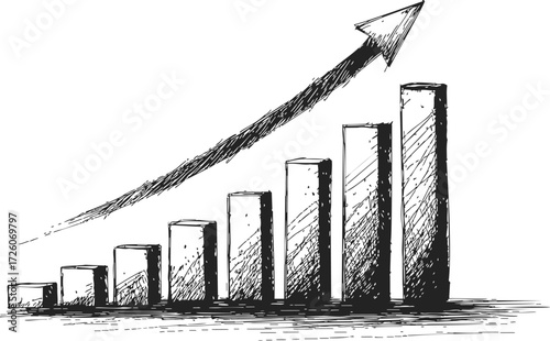 Bar chart sketch hand drawn with upward arrow showing growth trend — stock vector
