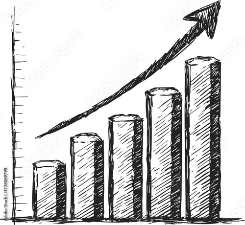 Bar chart sketch hand drawn with upward arrow showing growth — stock vector
