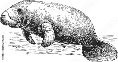 Manatee sketch hand drawn aquatic mammal swimming in water — stock vector