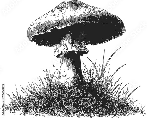 Mushroom sketch hand drawn in grass detailed botanical illustration — stock vector