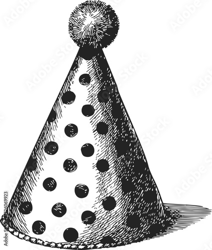 Party hat sketch hand drawn polka dot cone with pompom — stock vector