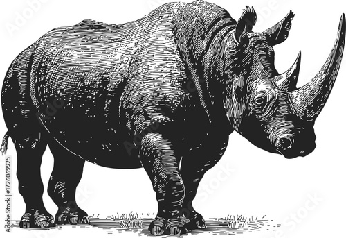 Rhinoceros sketch hand drawn detailed black and white wildlife illustration — stock vector