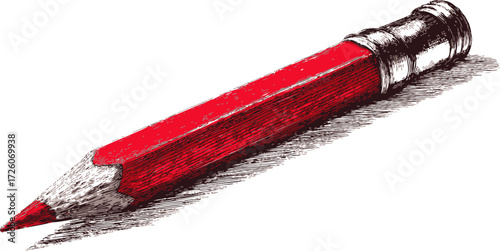 Red pencil sketch hand drawn style with detailed shading and metallic ferrule — stock vector