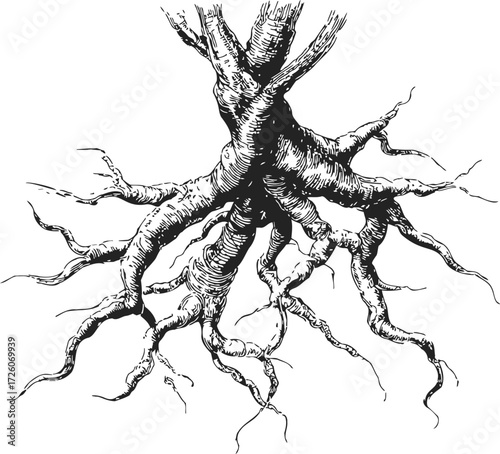 Tree roots sketch hand drawn detailed root system isolated on white — stock vector