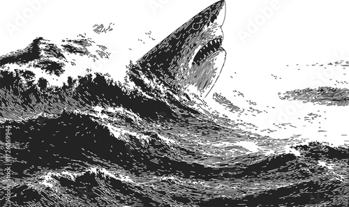 Shark sketch hand drawn style emerging from rough ocean waves — stock vector