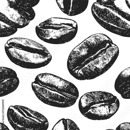 Coffee beans seamless sketch pattern hand drawn black and white background — stock vector