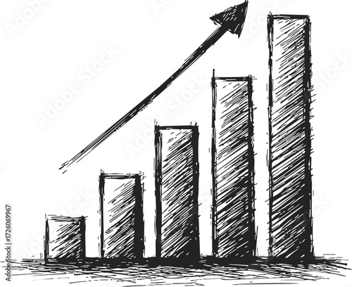 Bar chart sketch hand drawn with upward arrow showing growth — stock vector