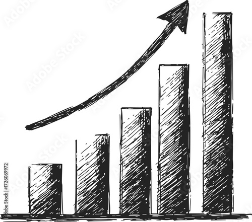 Bar chart sketch hand drawn with upward arrow showing growth — stock vector