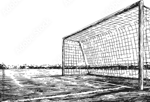 Soccer goal sketch hand drawn on empty field with net and horizon — stock vector