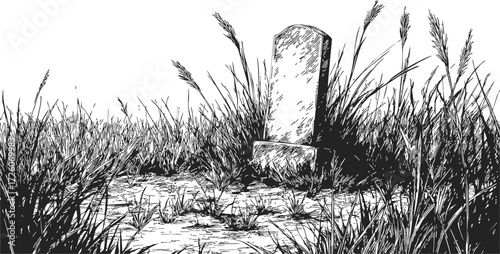 Gravestone sketch hand drawn in overgrown grass cemetery scene — stock vector