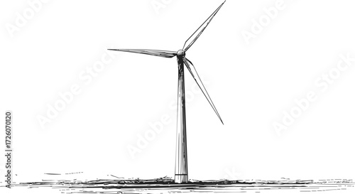 Wind turbine sketch hand drawn on landscape with three blades — stock vector