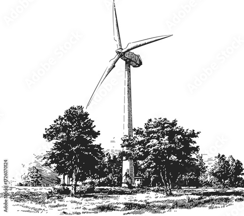 Wind turbine sketch hand drawn with trees in rural landscape — stock vector