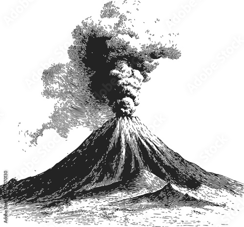 Volcano erupting sketch, hand drawn vector with smoke and ash plume — stock vector