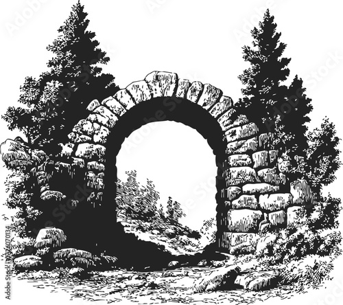 Stone arch bridge sketch, hand drawn with trees and rocky landscape — stock vector
