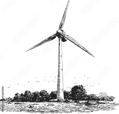 Wind turbine sketch, hand drawn style with rural landscape and trees — stock vector
