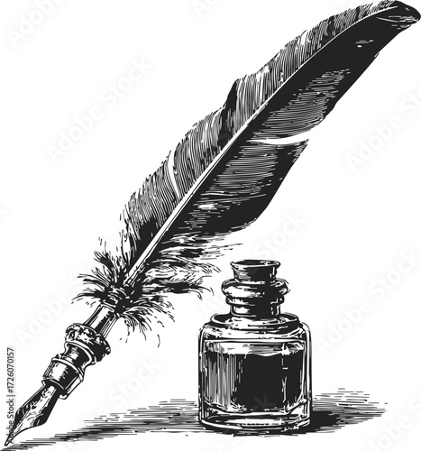 Quill pen and ink bottle sketch, hand drawn vintage writing tool scene — stock vector