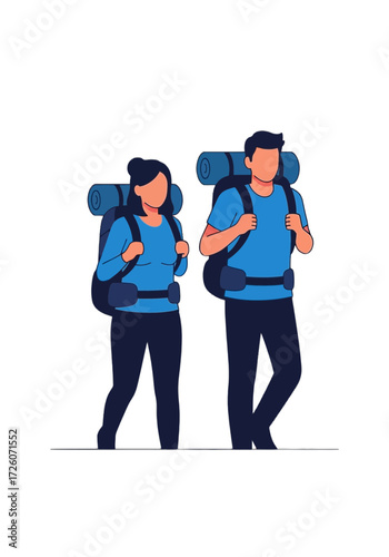Flat Vector Illustration of Hiking Couple With Backpacks