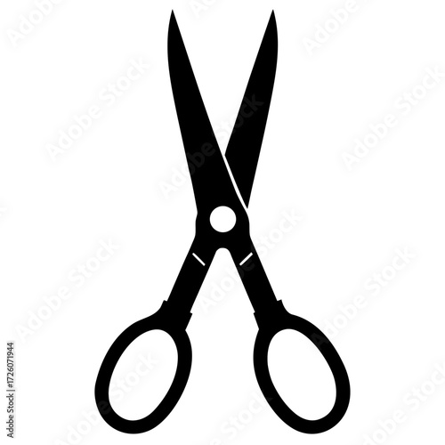 Black silhouette of open scissors with sharp blades and finger loops isolated on white background