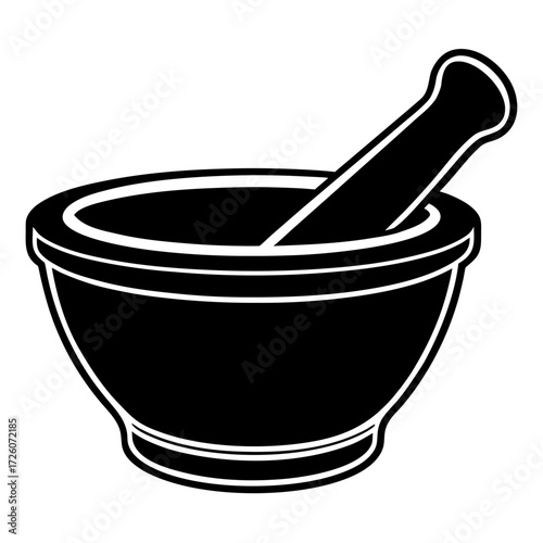 Black silhouette of a mortar and pestle on a white background for grinding spices or herbs isolated on white background