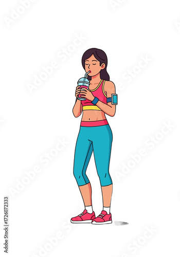 Flat Vector Illustration of a Woman Drinking After Workout