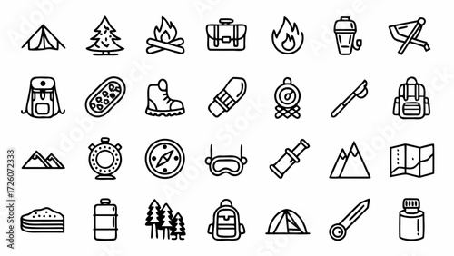 Camping hiking outdoor adventure equipment tent backpack compass fire map vector icon creatd and generated with generative ai on transparent background