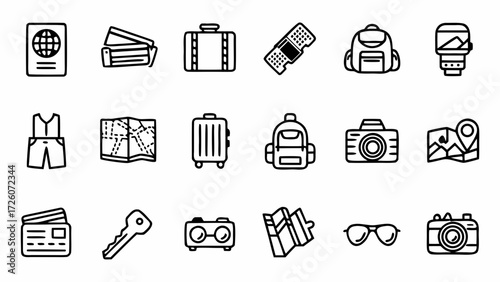 Travel vacation trip journey passport suitcase backpack camera map ticket key glasses creatd and generated with generative ai on transparent background
